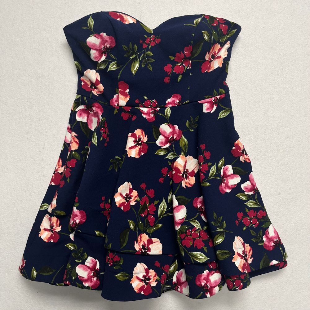 Floral Strapless Mini Dress Navy Blue Pink Roses Summer Party Cocktail Dress